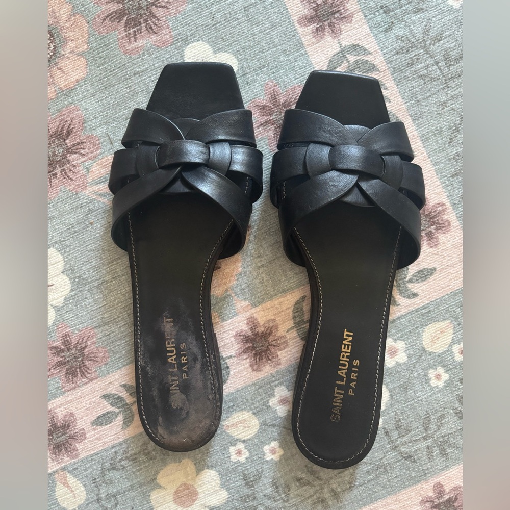 Saint Laurent Black Tribute Leather Sandals Slides - DAMAGED